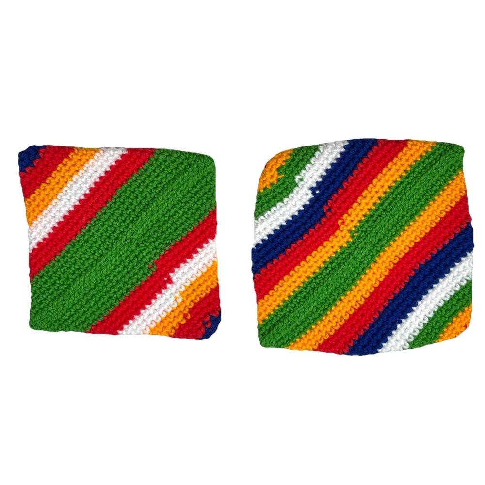 VTG 70s Pair Handmade Crochet Boho Dopamine Pot Holders Trivets Multicolor - Picture 2 of 2